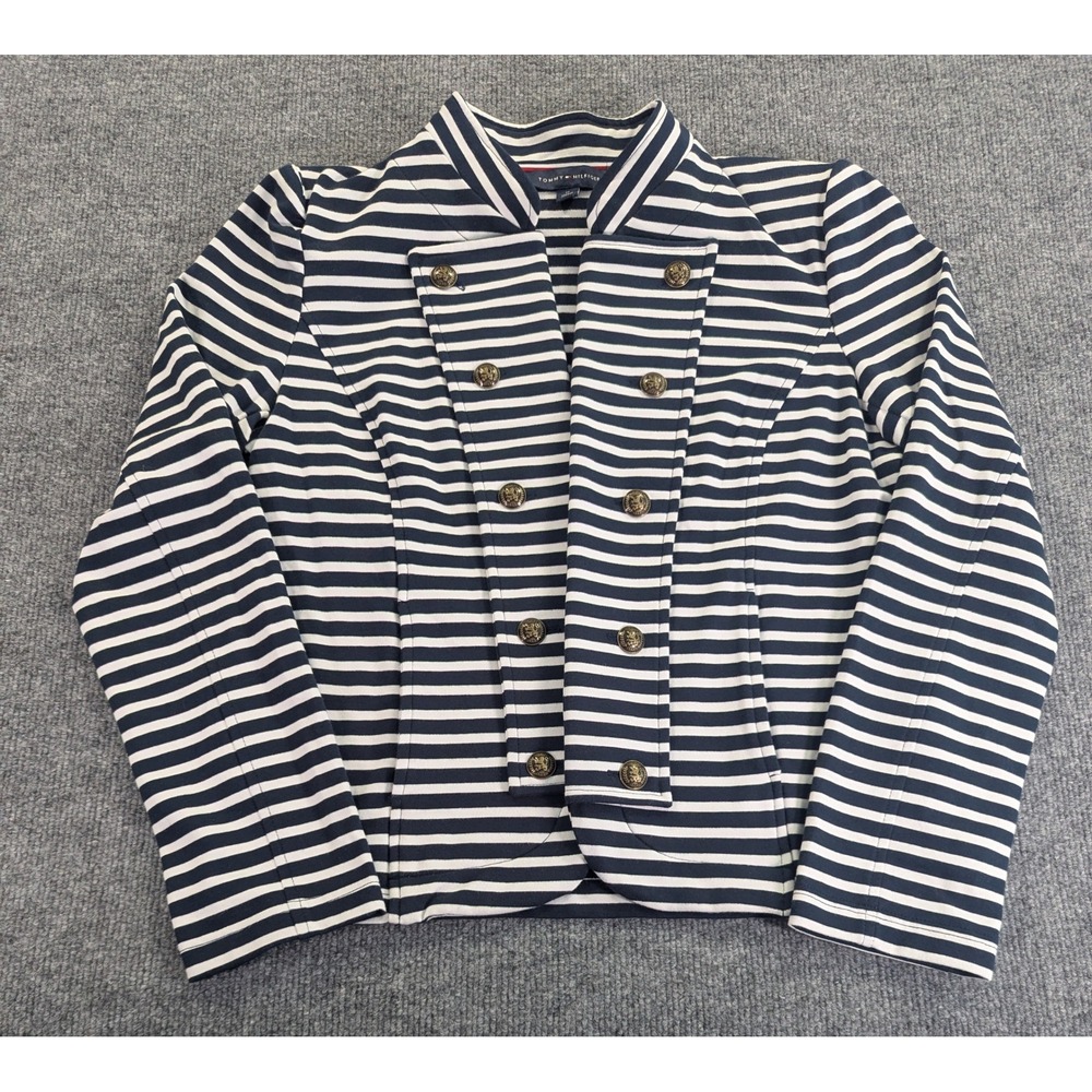 Tommy Hilfiger Womens Navy White Striped Military Knit Blazer Jacket M TJTRSK026
